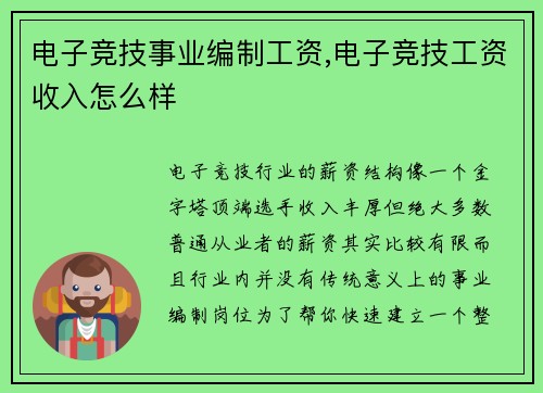 电子竞技事业编制工资,电子竞技工资收入怎么样
